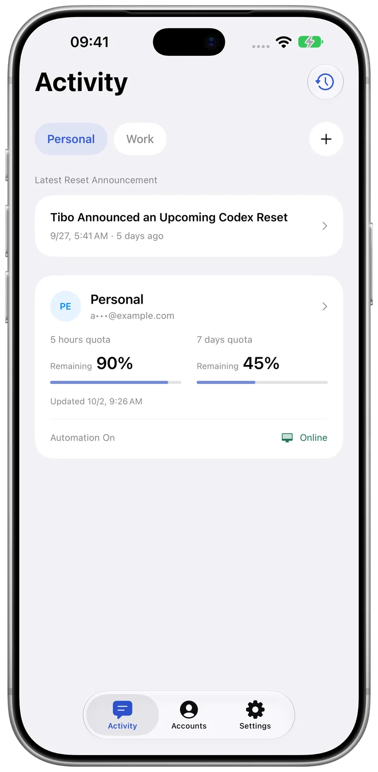 ResetPing Activity view with a historical announcement and demo account data