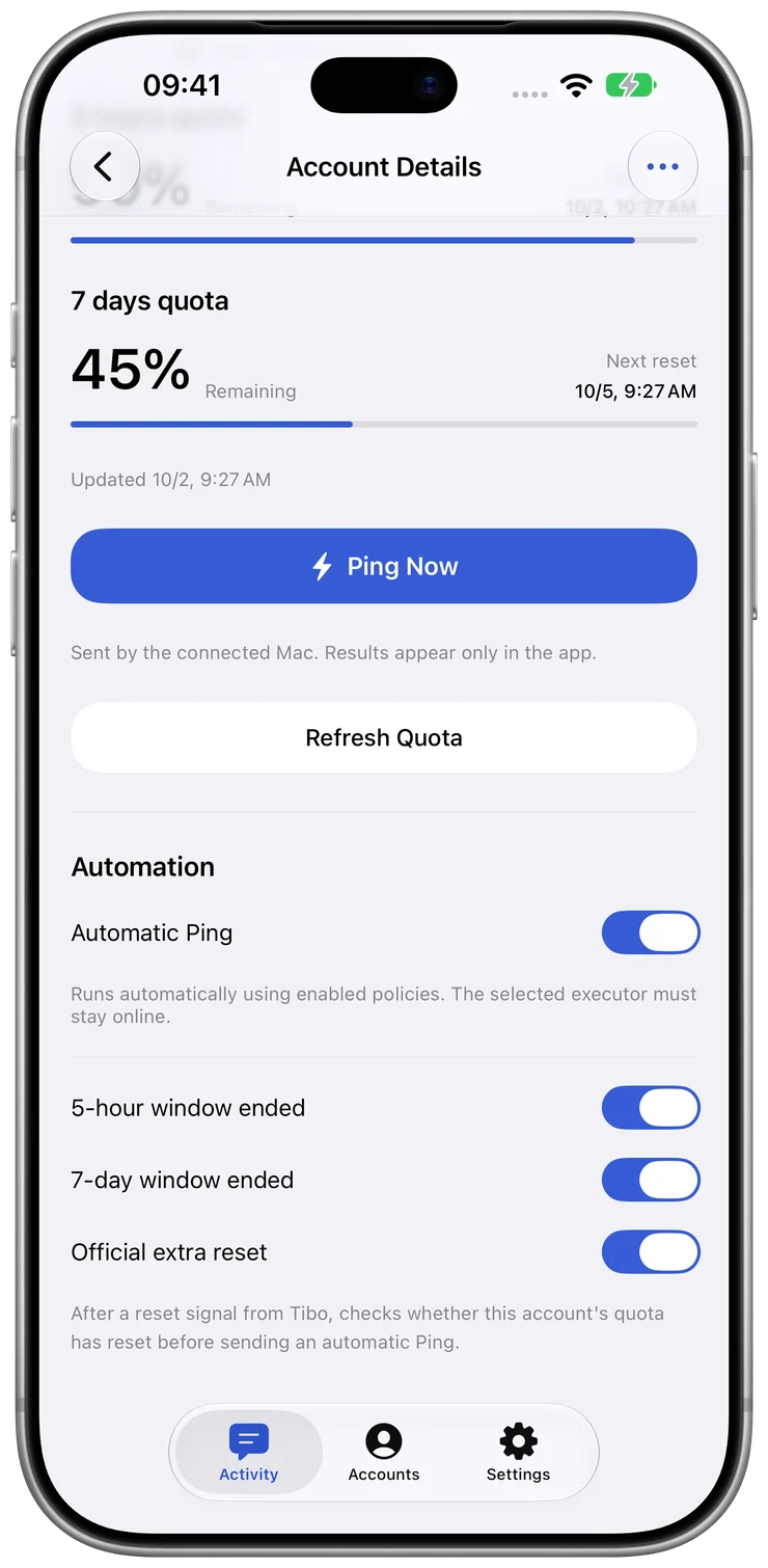 ResetPing automatic Ping settings shown with demo account data